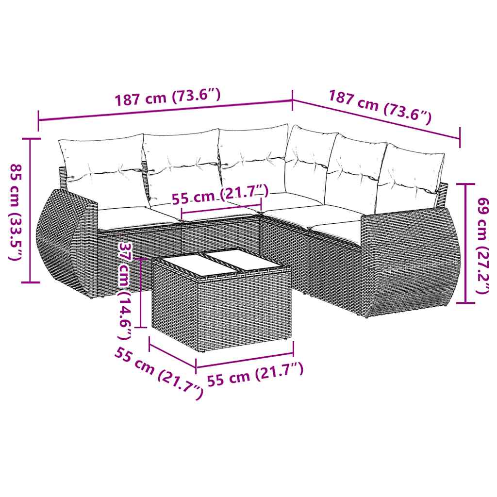 Vidaxl 6-Cz. Gartenmöbel-Set mit Kissen, Schwarzer Polyrattan