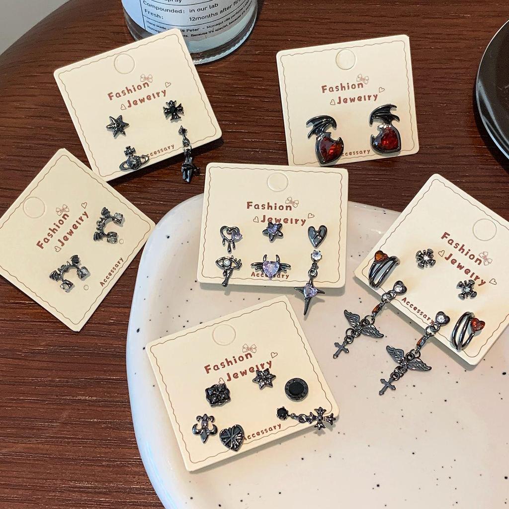Gothic Punk Devil Cross Stud Earrings Set for Women - Sweet, Cool, and Spicy Design