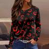 Women's Halloween Print Long Sleeve Top with Round Neck and Hem Slit