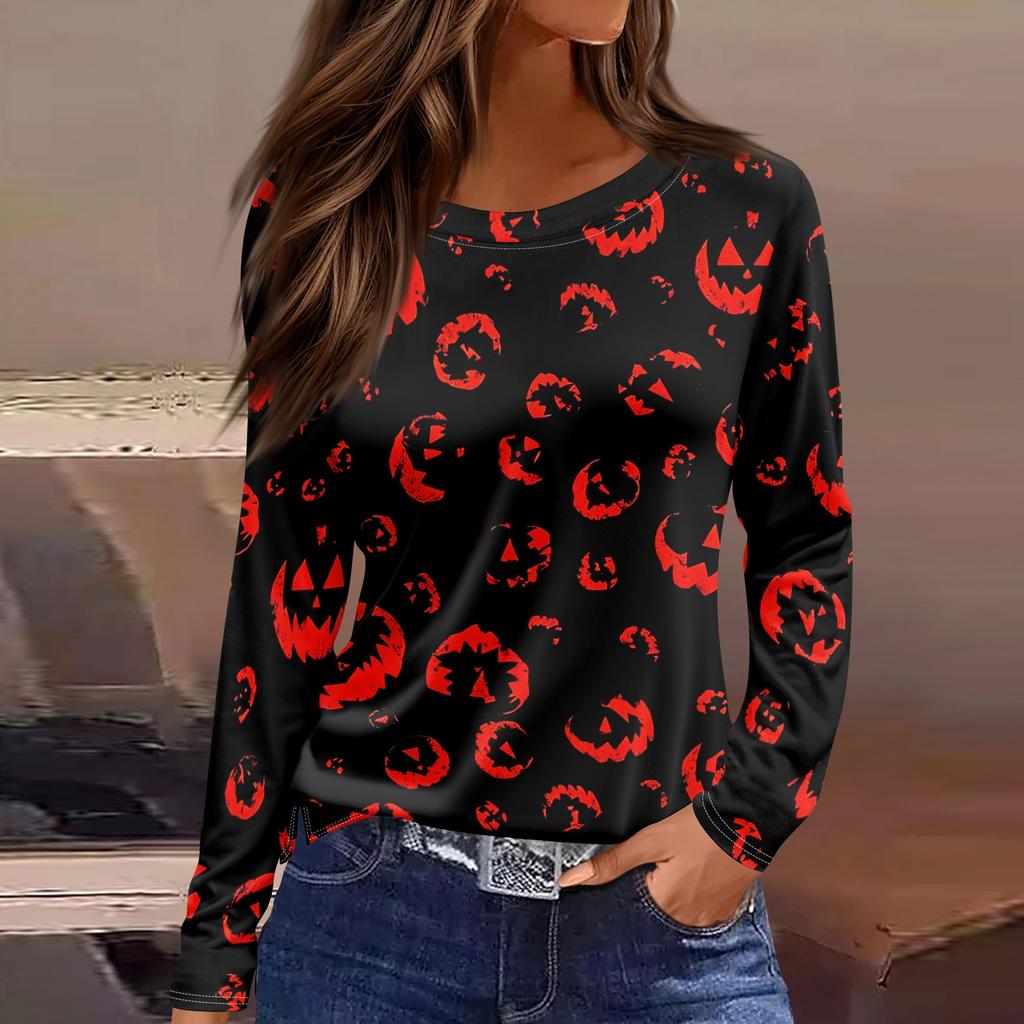 Women's Halloween Print Long Sleeve Top with Round Neck and Hem Slit