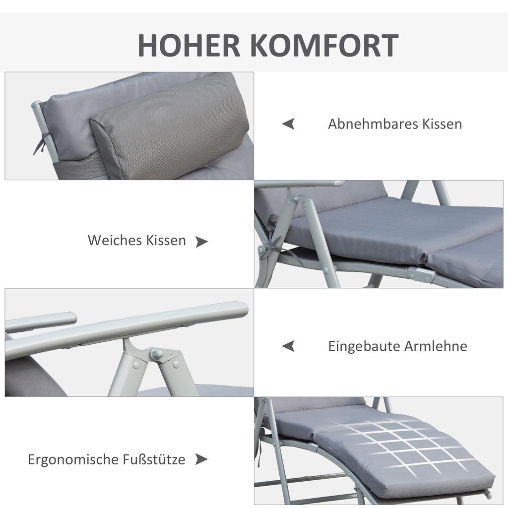 Patio Sun Lounger Garden Textilene Foldable Reclining Chair Adjustable Recliner with Cushion Pillow - Grey