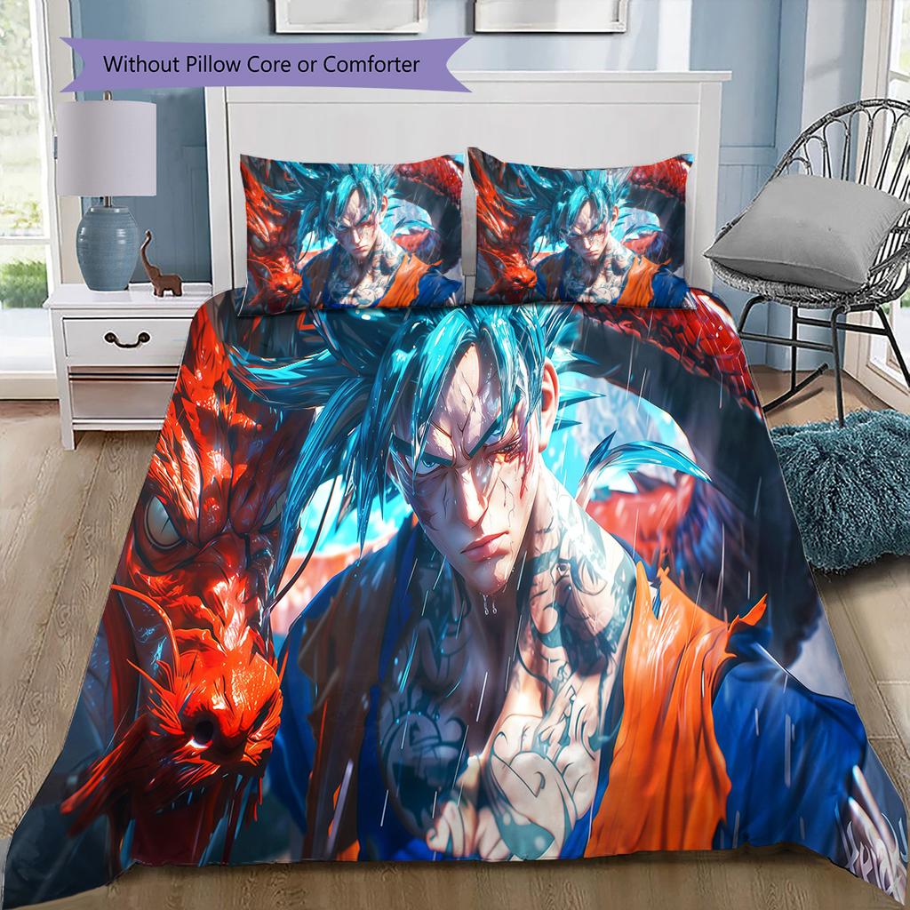 Son Goku Pattern Bedding Quilt Set Quilt Cover Pillowcase Home Birthday Gift(1 * Duvet Cover + 2 * Pillowcase, Without Core)
