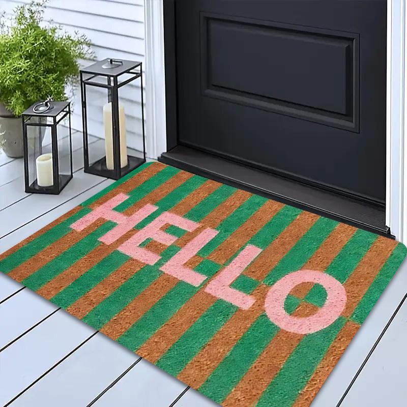 Peach Pink Hello Forest Outdoor Mat - Thick Plush Flannel Doormat, Minimalist Welcome Design, Nature-Themed Entrance Rug