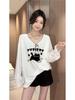 Stylish Plus Size Mid-Length White Fleece V-Neck Top - Loose Fit for Spring and Autumn