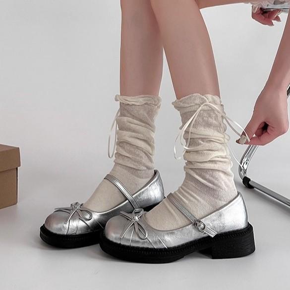 Silver Light-mouth Bow Mary Jane Single Shoes Women's Summer Fashion New Thick-soled Skirt Small Leather Shoes