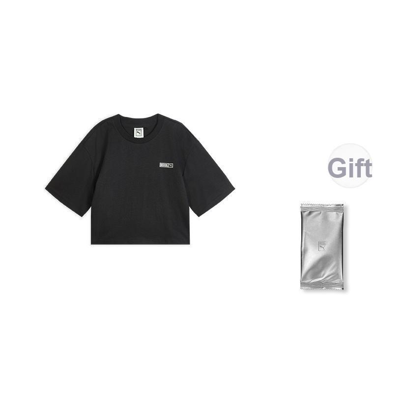 Puma X Rose Solid Color Casual Simple Round Neck Short Sleeve T-Shirt With Small Logo Unisex Tops Black 633806_01