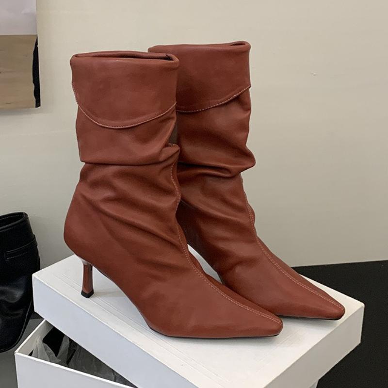 

Сексуальные ботильоны на высоком каблуке с острым носком, женские плиссированные ретро-ботинки, модные женские новые осенние короткие ботинки, женские ботильоны 39 тёмно-рыжий
