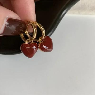 Simple Design Wine Red Love Heart Dangle Earrings for Women Gold Color Circle Vintage Peach Drop Earring Fashion Zircon