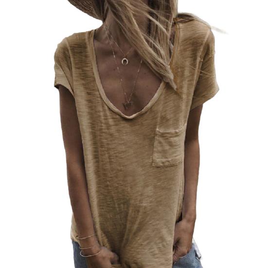 Women T-shirt Round Neck Short Sleeve Patch Pocket Tee Shirt Solid Color Loose Fit Thin Pullover Tops Daily Wear