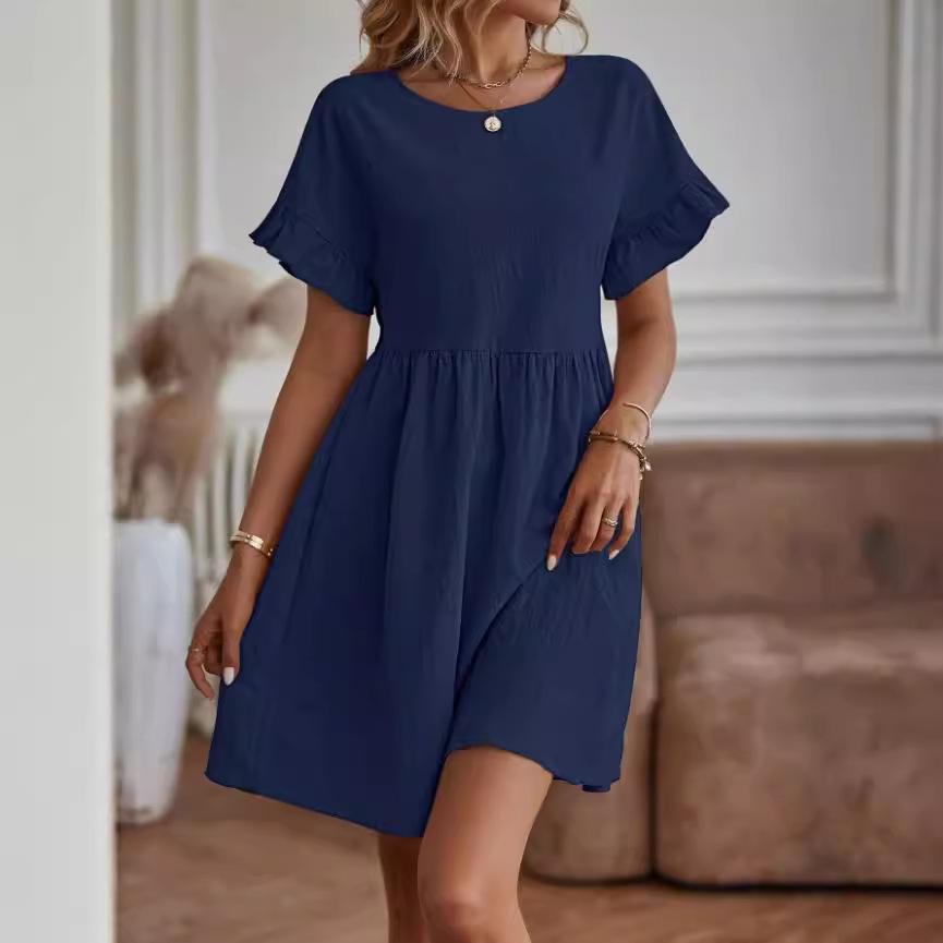 Women Casual Short Sleeve Dress O Neck Flare Sleeve High Waist Loose Mini Dress Solid Color Summer Dress