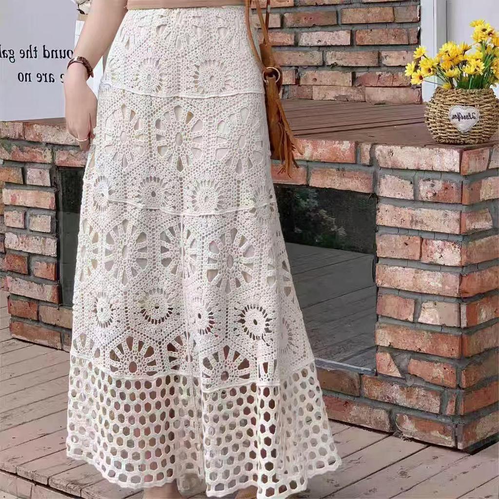 Bohemian Crochet High-Waist Hip-Hugging Midi Skirt for Women