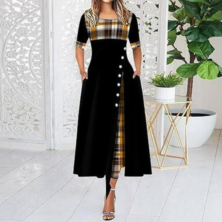 Fashion Women Long Dress Round Neck Contrast Color Cross Border Style