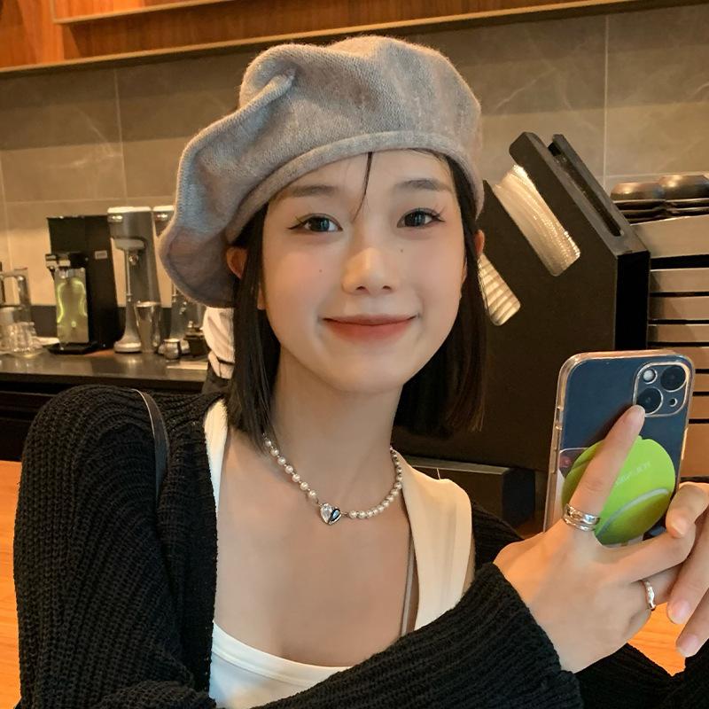 British style knitted thin wool beret female autumn and winter painter hat big head circumference sweet and cute show small face