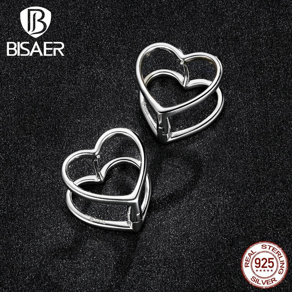 Bisaer 925 Sterling Silver Simple Fashionable Heart Shape Stud Earrings for Women Wedding Fine Jewelry