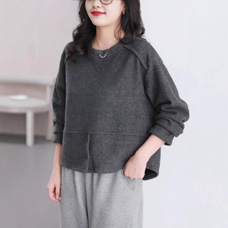 Women's Brushed Fleece Sweatshirt - Winter Style, Round Neck, Versatile, Loose, Slimming, Thickened Long Sleeve Top