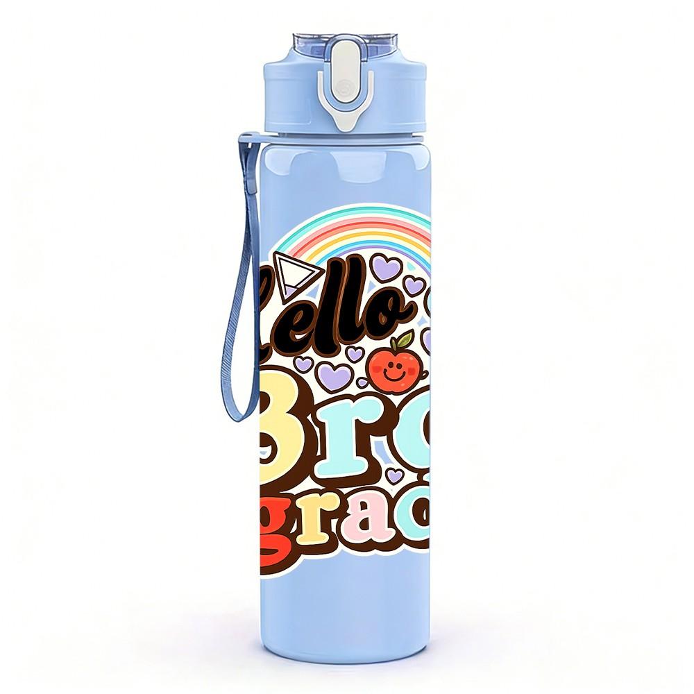 1PC Hello Third Grade Rainbow Art 750ml Color Plastic Sports Water Bottle Leakproof Flip Straw Lid Suitable for Sports Office Home Use