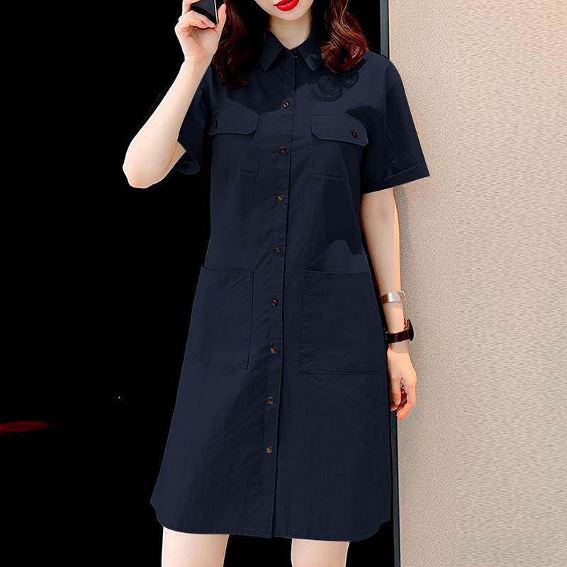 

Жіноча повсякденна однотонна сукня з відкладним коміром ZANZEA з коротким рукавом 5XL синій