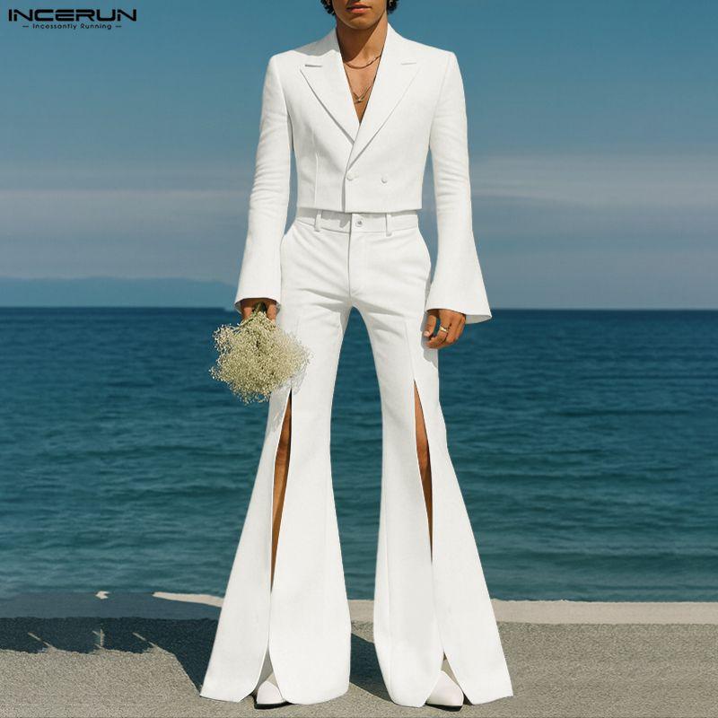 INCERUN 2PCS Men Lapel Long Sleeve Cropped Blazer Long Splits Flare Pants Casual Outfits Two Piece Sets