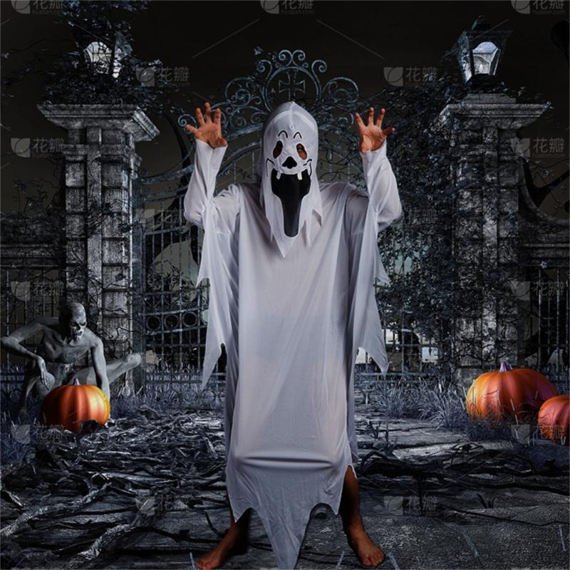 Adult Scary Smiling White Dress with Scary Face, Men Womens Halloween Cloak Cape for Cosplay Photo Props