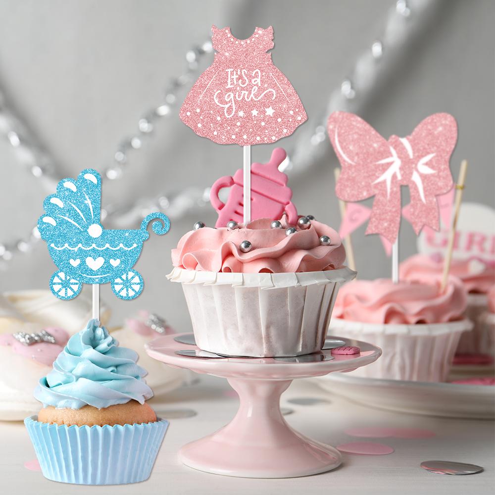 12/24pcs Boy or Girl Cupcake Toppers Glitter Feet Onesie Dress Gender Reveal cake picks Cake Decoration Baby Shower kid birthday