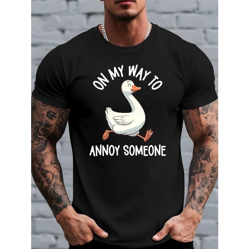 

European Size Men s Happy Duck Print T-Shirt - Breathable Short Sleeve Round Neck Casual Top with Duck, Solid Color Base Suitable for Outdoor Wear 4XL чорний