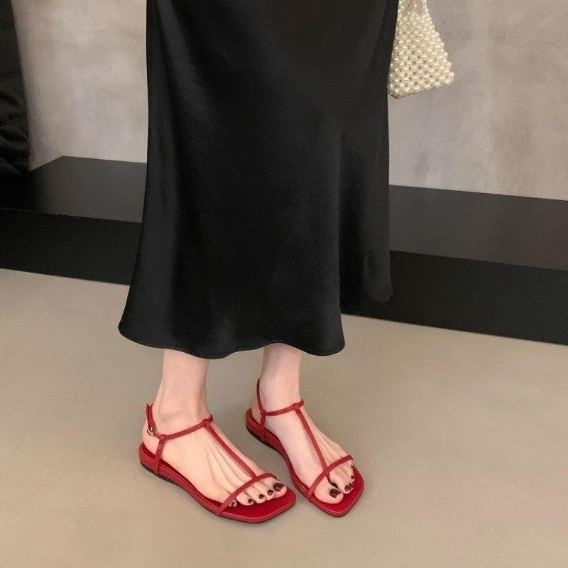 Fashion Fashion Sandals for Women 2025 New Flat Square Open Toe Sexy First-line Buckle Summer Pu Leather Roman Women's Sandals