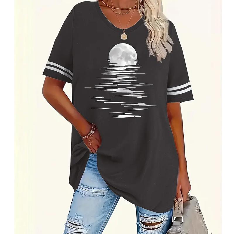 

Women Summer T Shirt Retro Fashion Short Sleeve Tees Casual Moon Printed Tops XS сірий