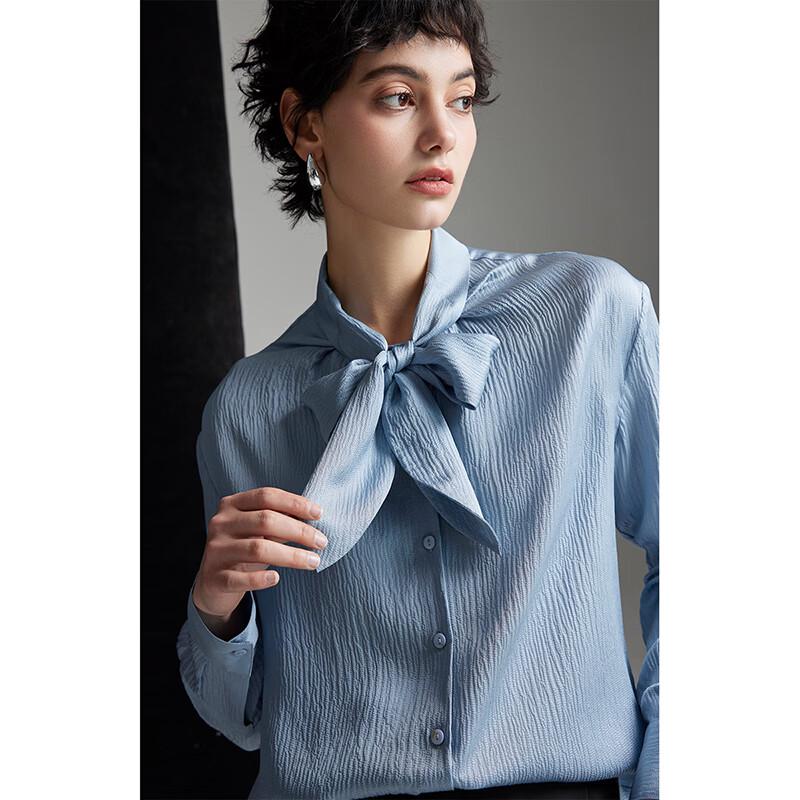 Wudao 100% Mulberry Silk Loose Fit Tie-Neck Pleated Long Sleeve Blouse L светло-синий