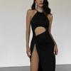 Cut Out Backless Halter Split Maxi Dress Summer Sleeveless Party  Chest Wrapping Halter Black S-L