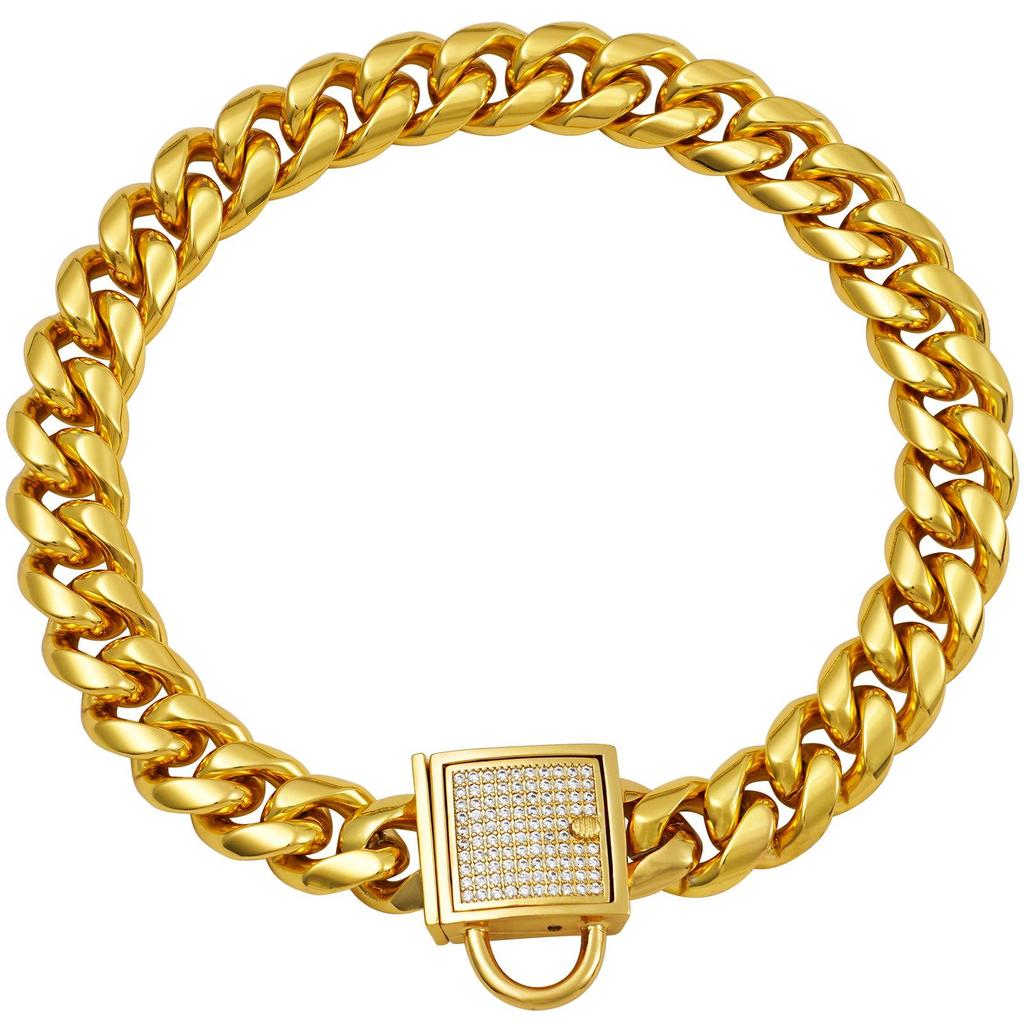 14mm Wide Gold Dog Leash and Titanium Steel Collar with Paved Diamond Buckle