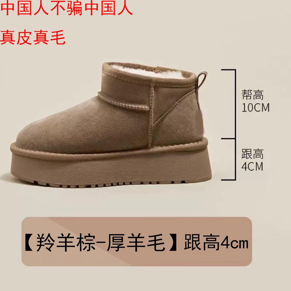 Winter New Short Snow Boots Women's Thick-soled Cowhide Wool Velvet Thermal Shoes Low-top Heightening Thickened Non-slip Sole