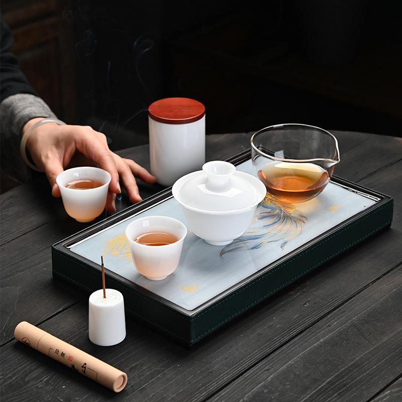 Yangzhi Jade Porcelain Ice Seed Travel Tea Set Light Luxury Household Ceramic Gaiwan Tea Cup High-end Gift Outdoor Tea Set