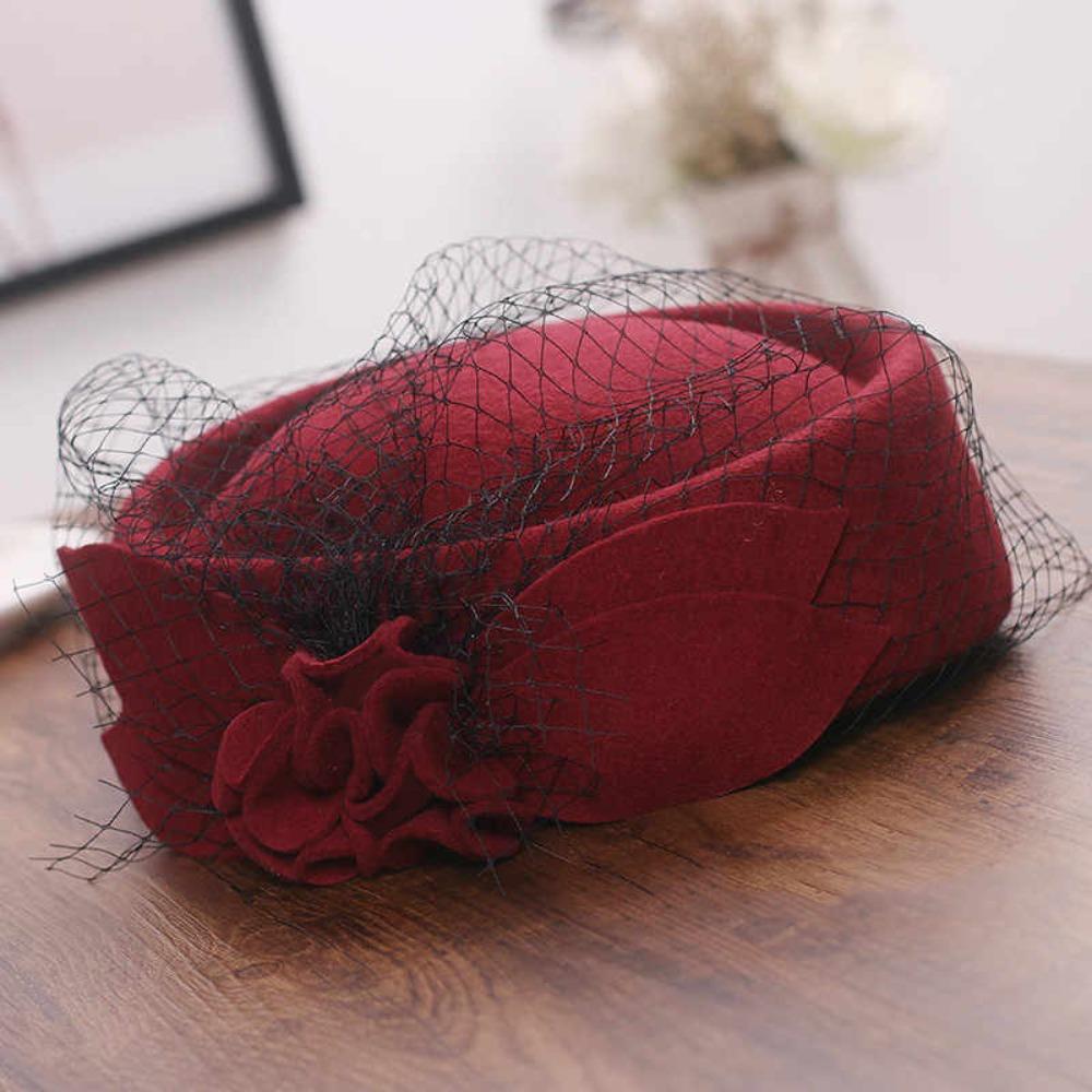 Flower Mesh Topper Hat Solid Color Woolen Beret Woolen Top Hat Formal Hat Performances