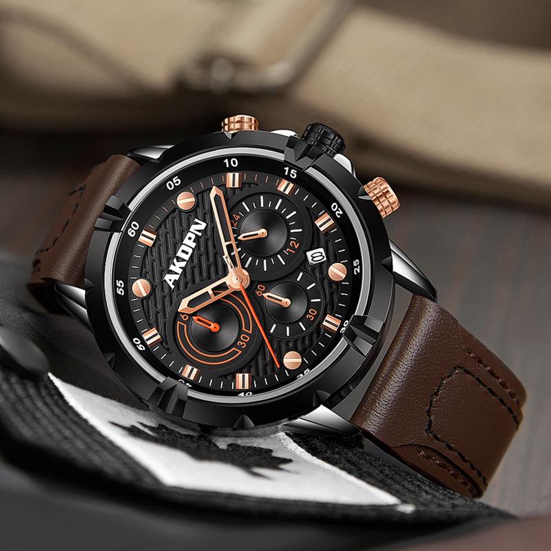 AKDPN Men's Multi-Function Chronograph Quartz Watch with Leather Strap