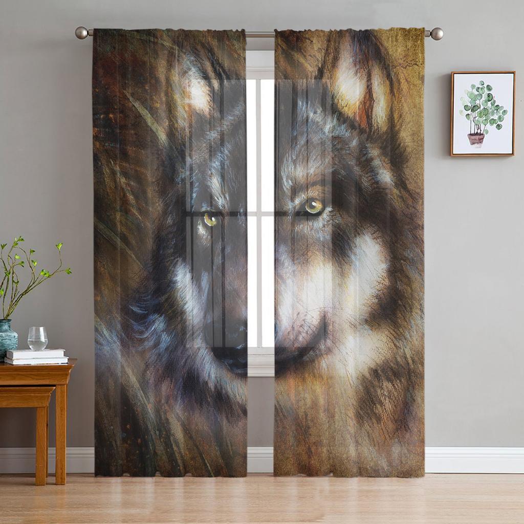 Wolf Forest Animal Tylové závěsy do obývacího pokoje Voile Průsvitný okenní závěs do ložnice Šifonové závěsy do kuchyně