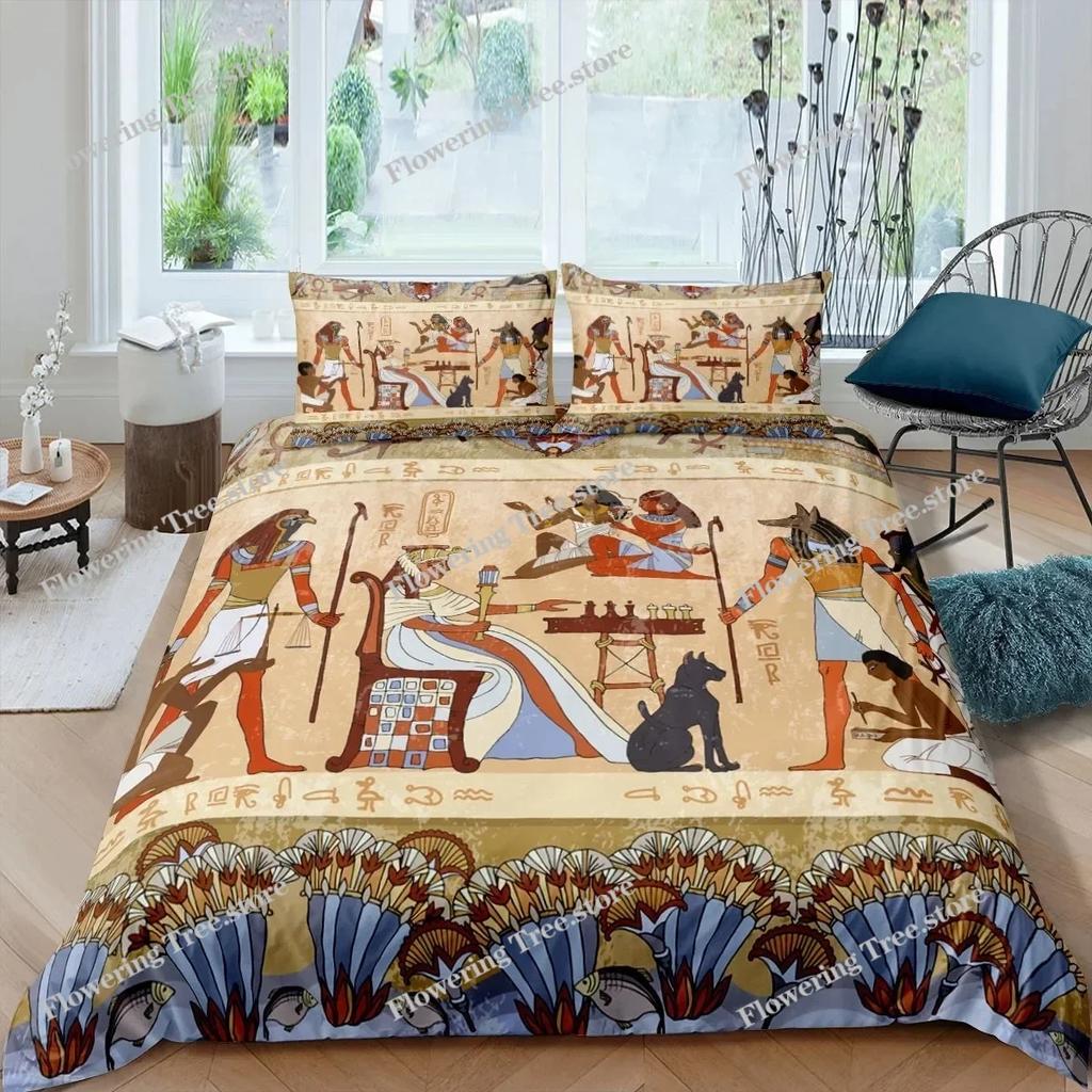 Pharao Bettwäsche-Sets, King Size 3D Altes Ägypten Stamm Dekor Bettdeckenbezug Set für Erwachsene Ägyptische Pyramide Polyester Bettbezug