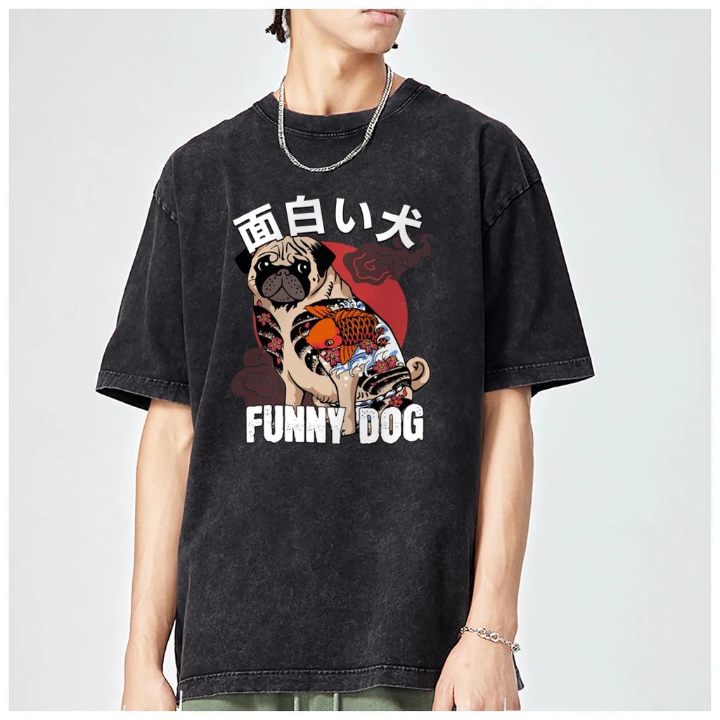 Japanese Style Dog Anime Graphic Streetwear Oversized T Shirt Mens Womens Trendy Fashion Vintage Washed Cotton Tops