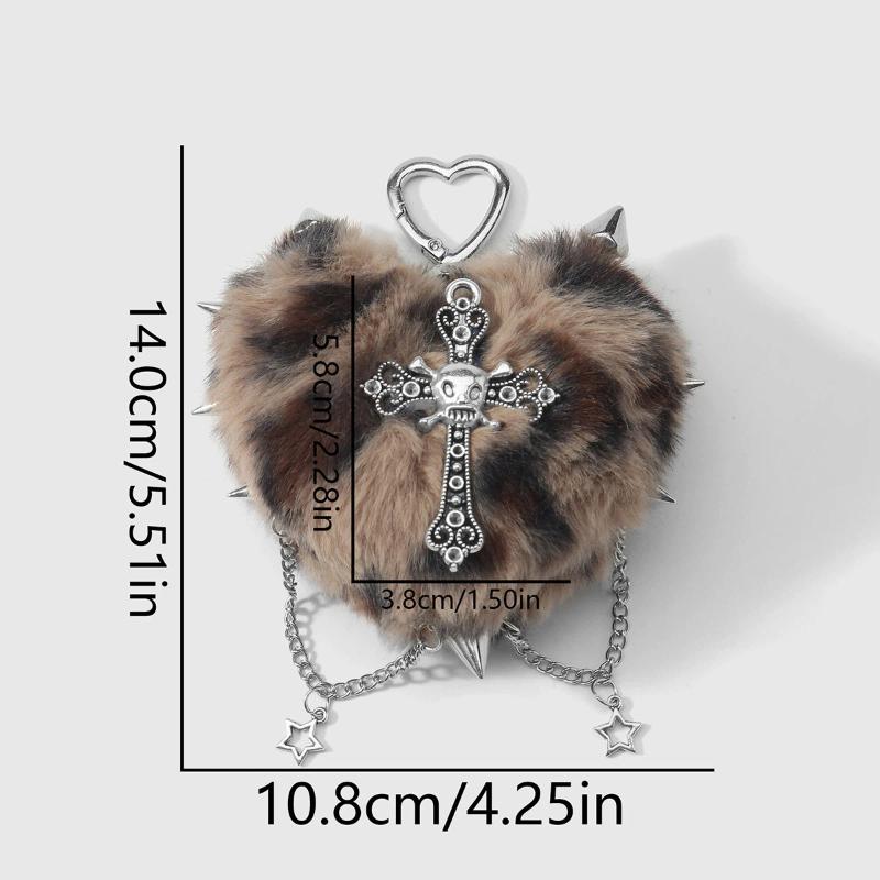 Punk Jewelry Leopard Print Rivet Cross Keychain Goth Cool Grunge Rock Plush Heart Bag Pendant Decoration Accessories Gift