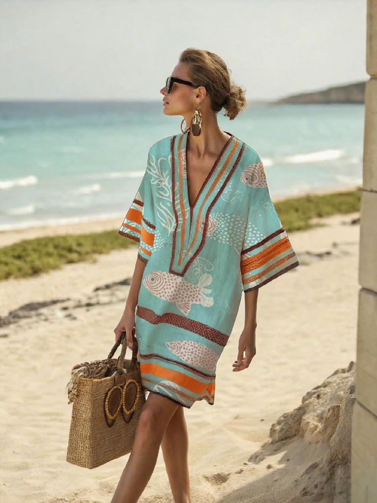 2026 summer European and American new loose printing V-neck women's casual vacation dress