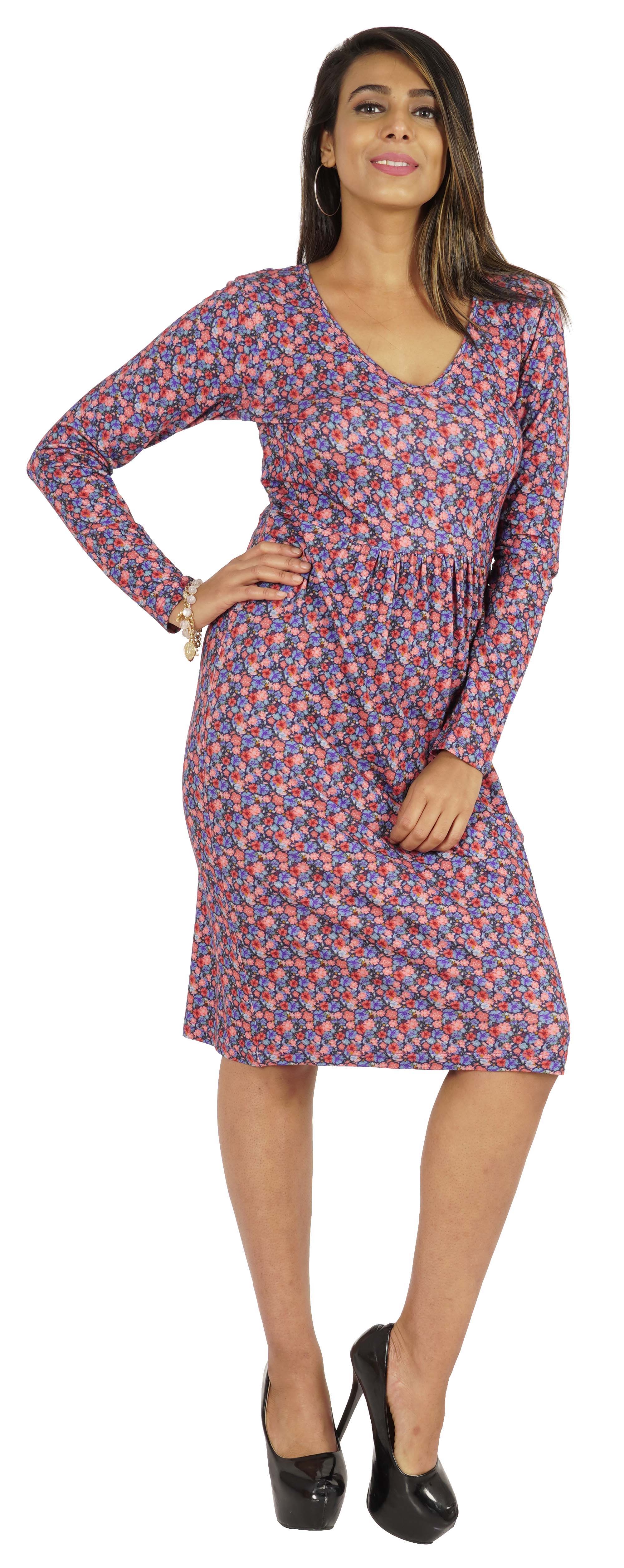 

Bimba Жіноча сукня з трикотажу з принтом до колін у повсякденному стилі з повним рукавом і V-подібним вирізом XS середній синього кольору