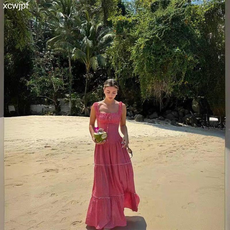 Summer 2024 Beach Dress French Square Collar Retro Vacation Style Plaid Sling Drawstring Ruffle Waist-Tight Slim Looking Dress