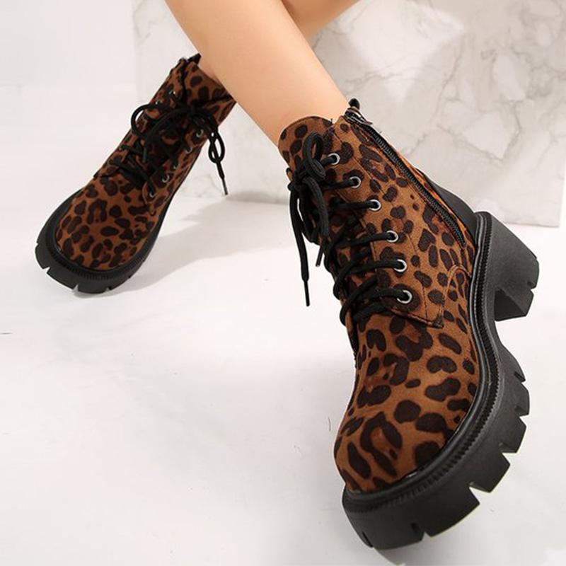 Y2K Leopard Faux Suede Boots for Women Vintage Square Heel Platform Ankle Boots Woman Autumn Zipper Up Booties Female
