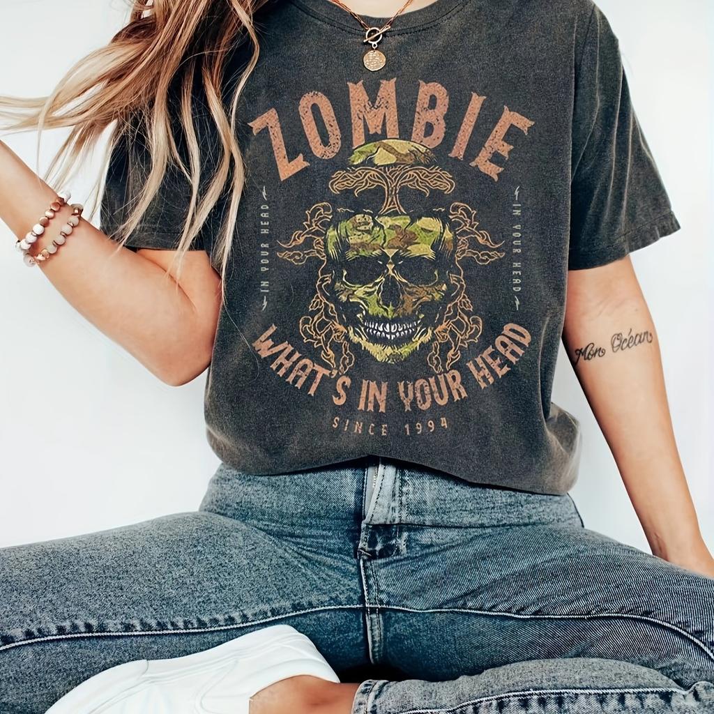 Vintage Zombie Graphic pc Womens Casual Polyester Round Neck TShirt Regular Length SpringSummer Collection