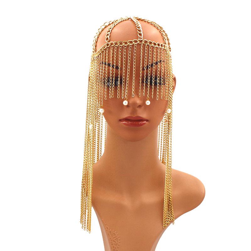 Exaggerated Long Tassel Aluminum Chain Headpiece with Pearl Pendant for Women