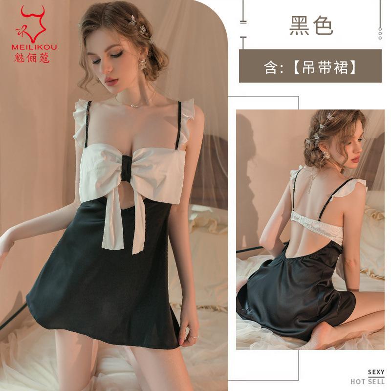

Sexy pajamas large size bow suspenders autumn and winter home pajamas French light luxury thin nightgown set One size fits all чёрный