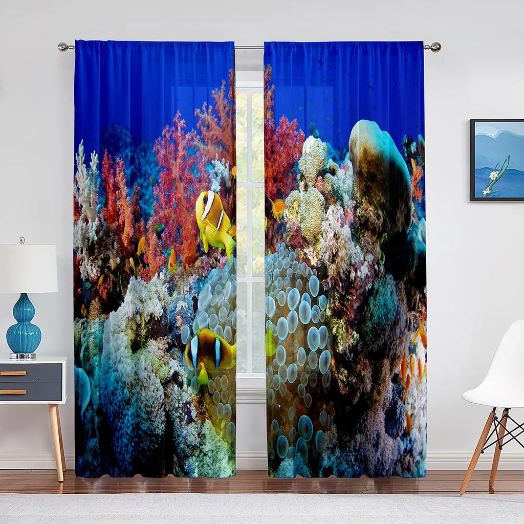 Ocean Underwater World Tulle Voile Curtains Tropical Fishes Shark Coral In The Deep Sea Sheer Curtain for Living Room Bedroom