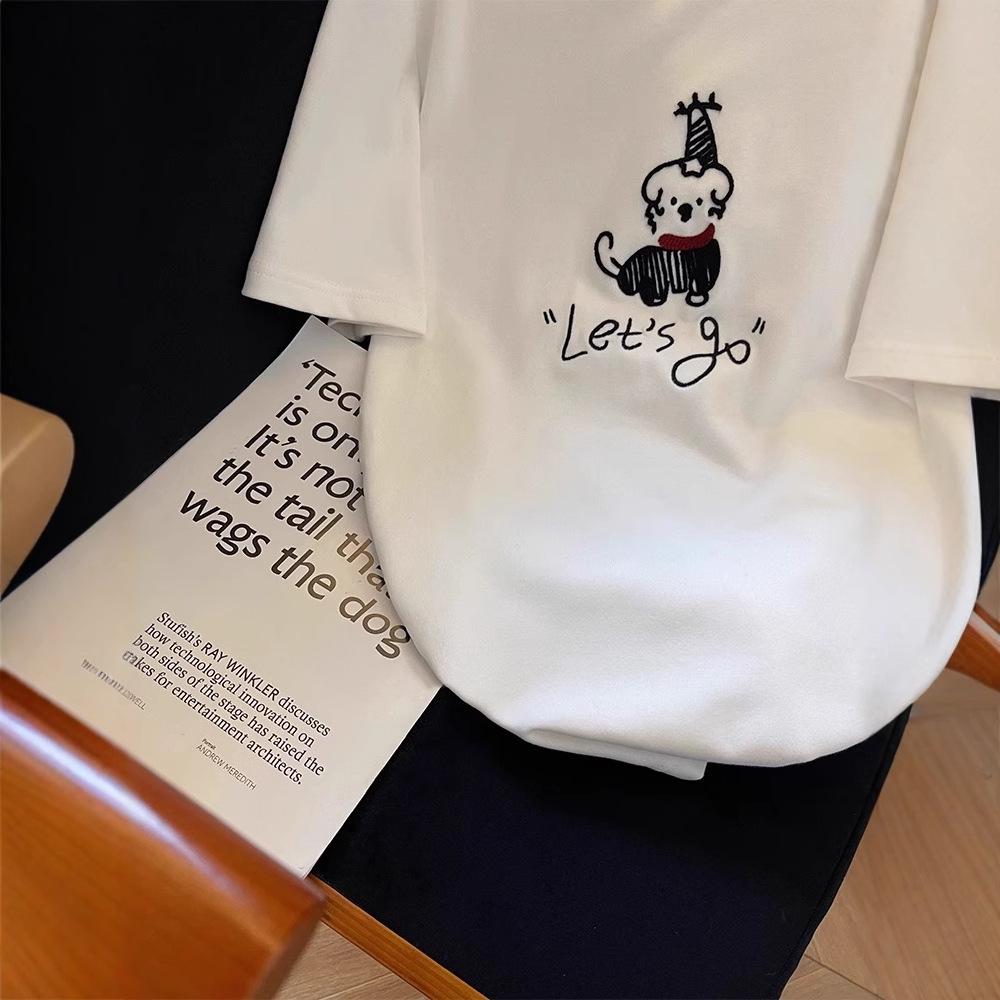Women's White Embroidered Puppy Short Sleeve T-shirt - Spring 2025 Casual Top