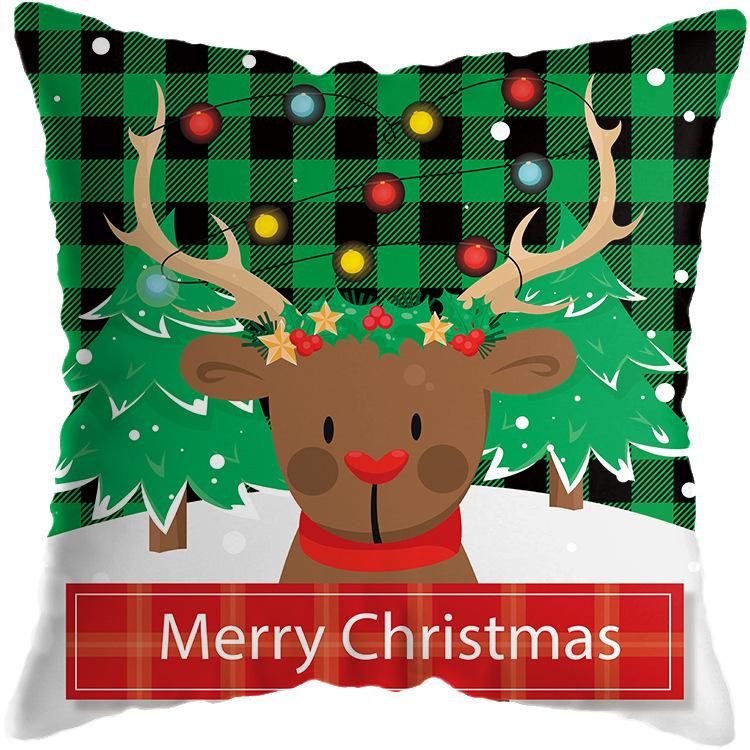 Christmas Theme Green Plaid Santa Snowman Print Pattern Cushion Cover Home Sofa Decor Throw Pillow Cover 45x45cm