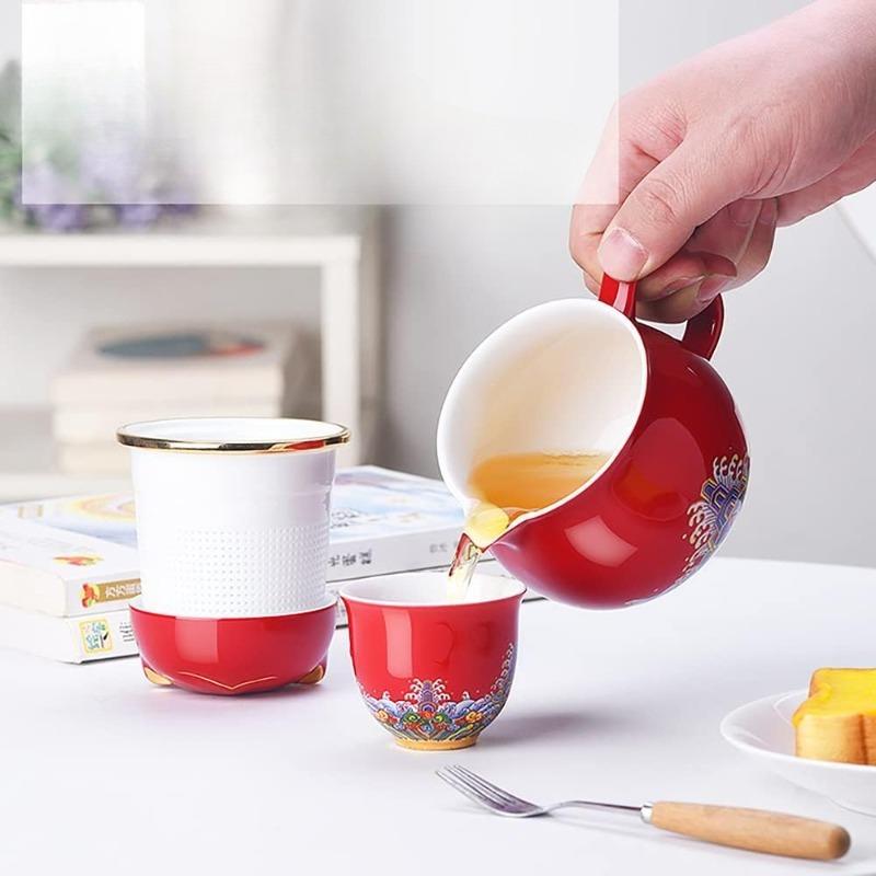 Portable Ceramic Tea Cup Set: Lucky Cat Porcelain Teapot Set with Handle - Tea Strainer - Lids and 2 Teacups - 1 Shockproof