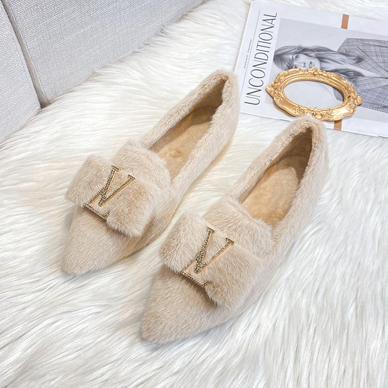 

Остроносые женские зимние туфли 2025 новая бархатная обувь на высоком каблуке, одинарные туфли Doudou, хлопковые женские туфли, большой размер 41-43 43 абрикосовый